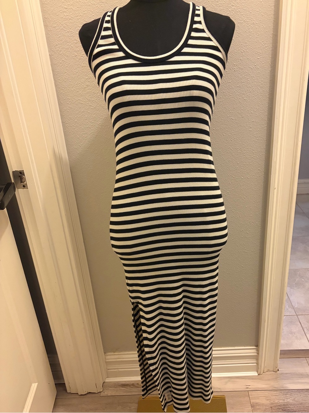 Mikuta Black & White Striped Ribbed Maxi Dress - Sleeveless Tank Style Small